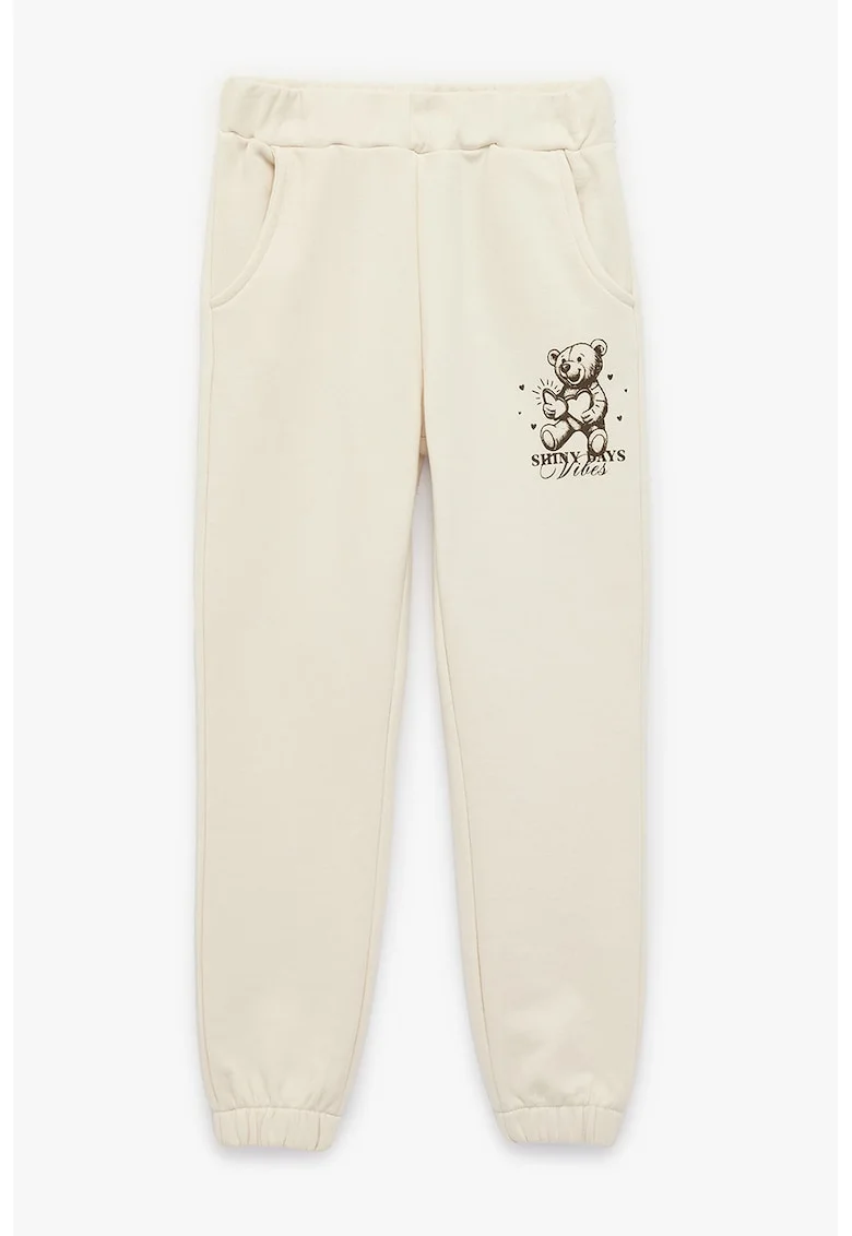 Pantaloni de trening din amestec de bumbac cu imprimeu urs, Maro inchis/Bej deschis