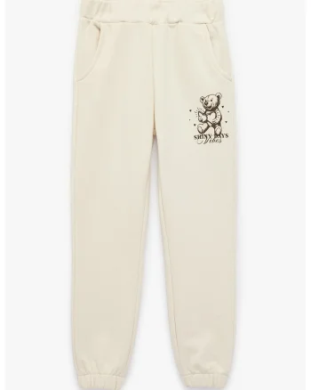 Pantaloni de trening din amestec de bumbac cu imprimeu urs, Maro inchis/Bej deschis