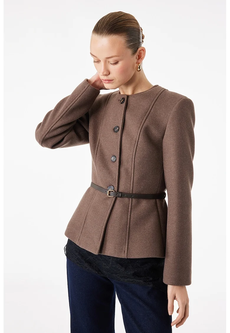 Jacheta slim fit cu nasturi si curea, Maro inchis