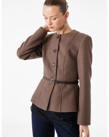 Jacheta slim fit cu nasturi si curea, Maro inchis