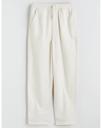 Pantaloni de bumbac cu snur in talie, Crem