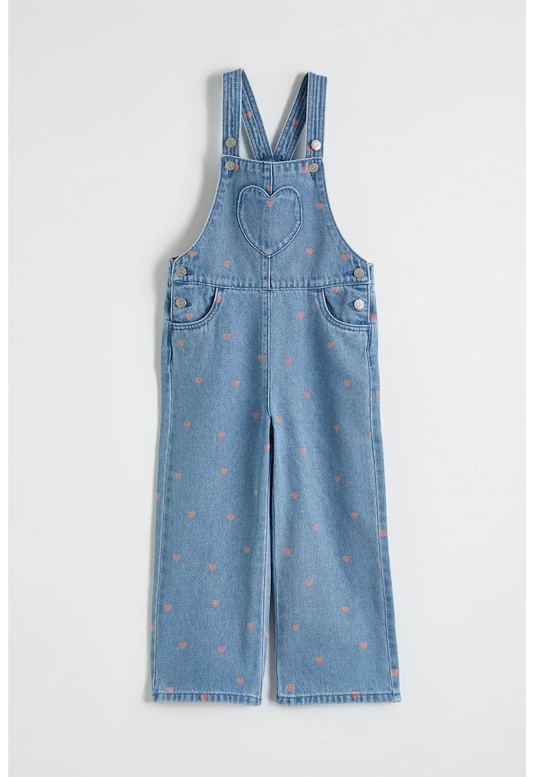 Salopeta din denim cu model inimi, Albastru deschis
