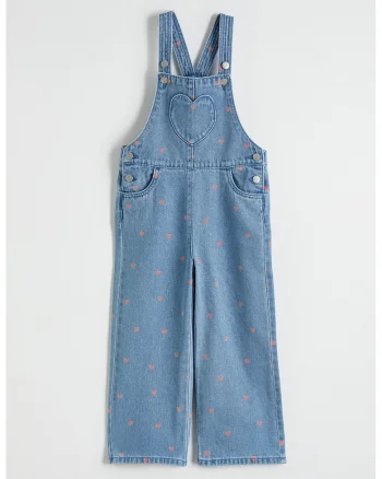 Salopeta din denim cu model inimi, Albastru deschis