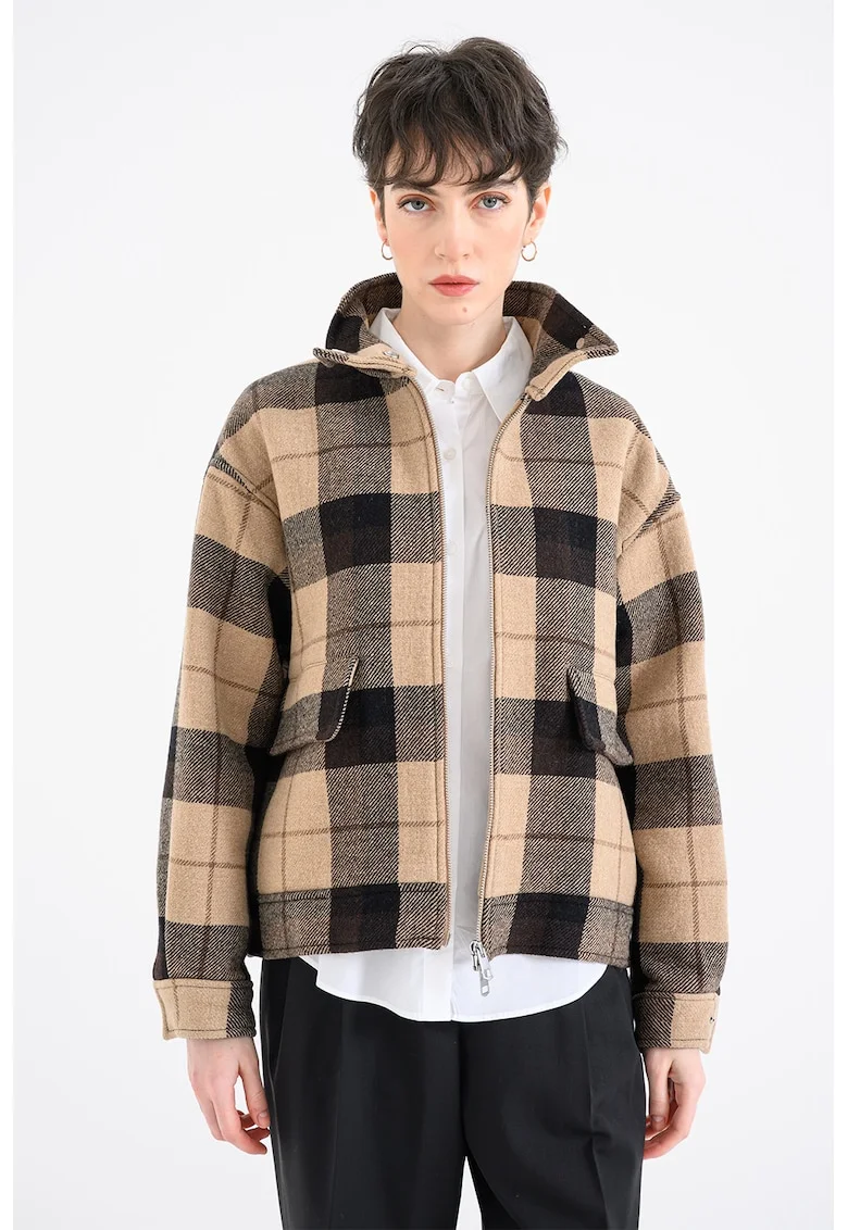 Jacheta din amestec de lana cu model in carouri si buzunare cu clapa, Maro inchis/Maro taupe