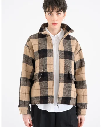 Jacheta din amestec de lana cu model in carouri si buzunare cu clapa, Maro inchis/Maro taupe