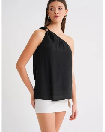 Top  asimetric, negru, textil, Negru