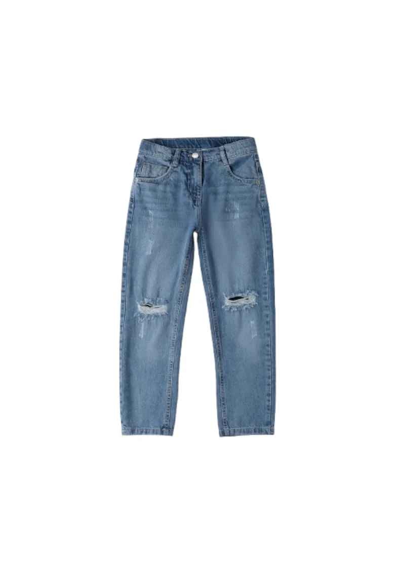 Blugi fete  din denim 100% bumbac model cu rupturi si croiala dreapta Albastru deschis