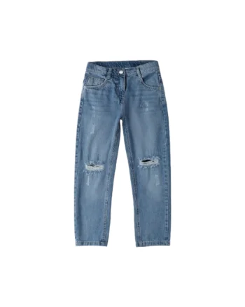 Blugi fete  din denim 100% bumbac model cu rupturi si croiala dreapta Albastru deschis