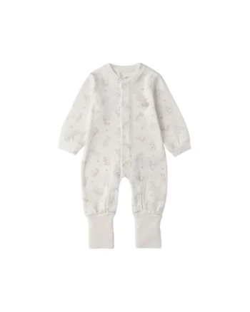 Salopeta bebe iDO din bumbac interlock cu imprimeu ursuleti si iepurasi Crem