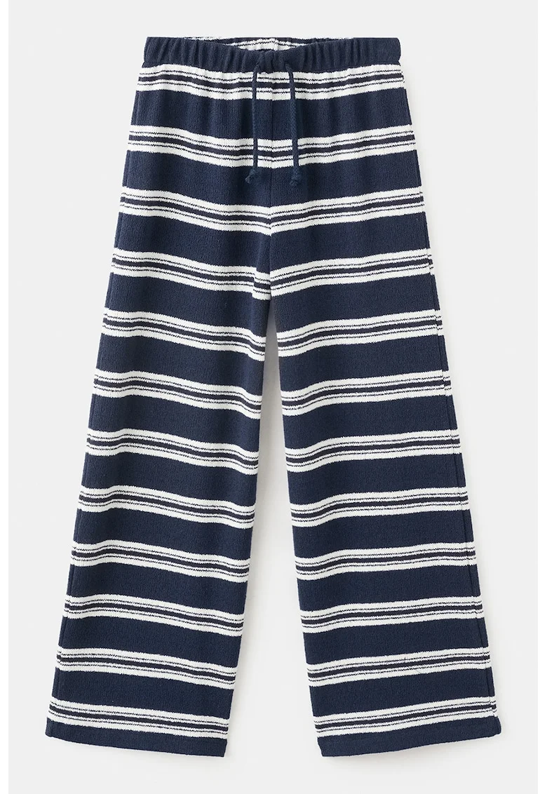 Pantaloni tricotati cu dungi si snur, Alb murdar/Gri inchis/Bleumarin