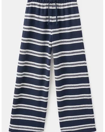 Pantaloni tricotati cu dungi si snur, Alb murdar/Gri inchis/Bleumarin