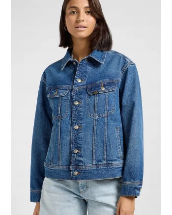 Geaca dama  Loose Rider, denim, albastru inchis, croiala larga, imprimeu pe spate