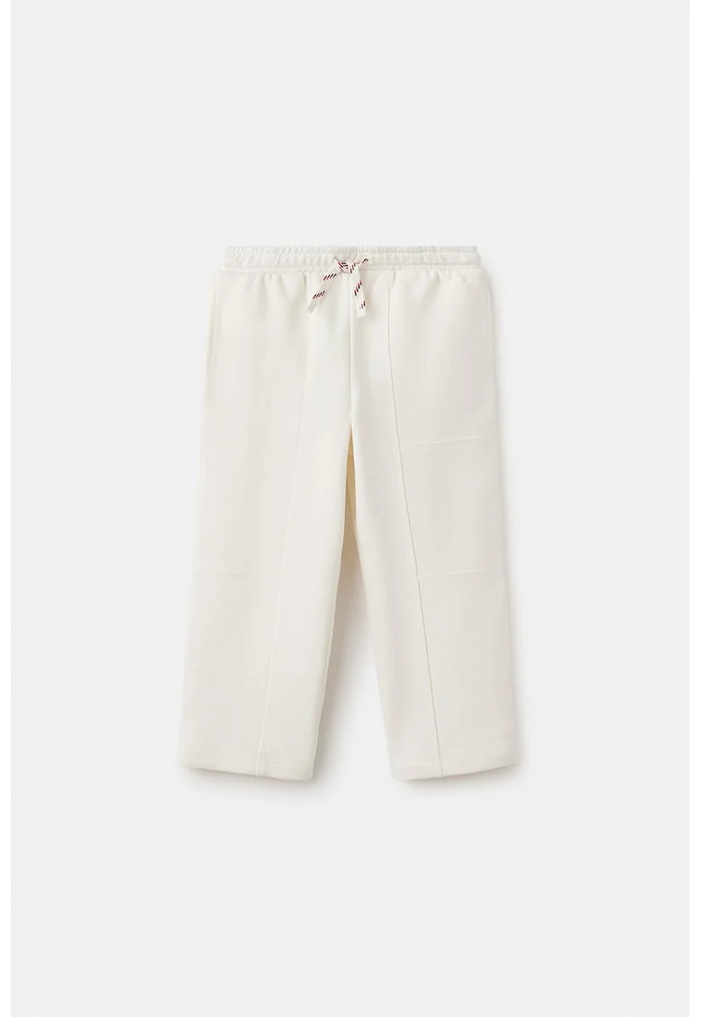 Pantaloni de trening cu snur de ajustare si detaliu brodat, Alb fildes