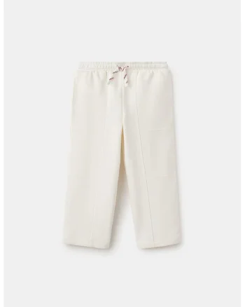 Pantaloni de trening cu snur de ajustare si detaliu brodat, Alb fildes