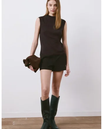 Top tricotat fin cu detaliu drapat, Maro inchis