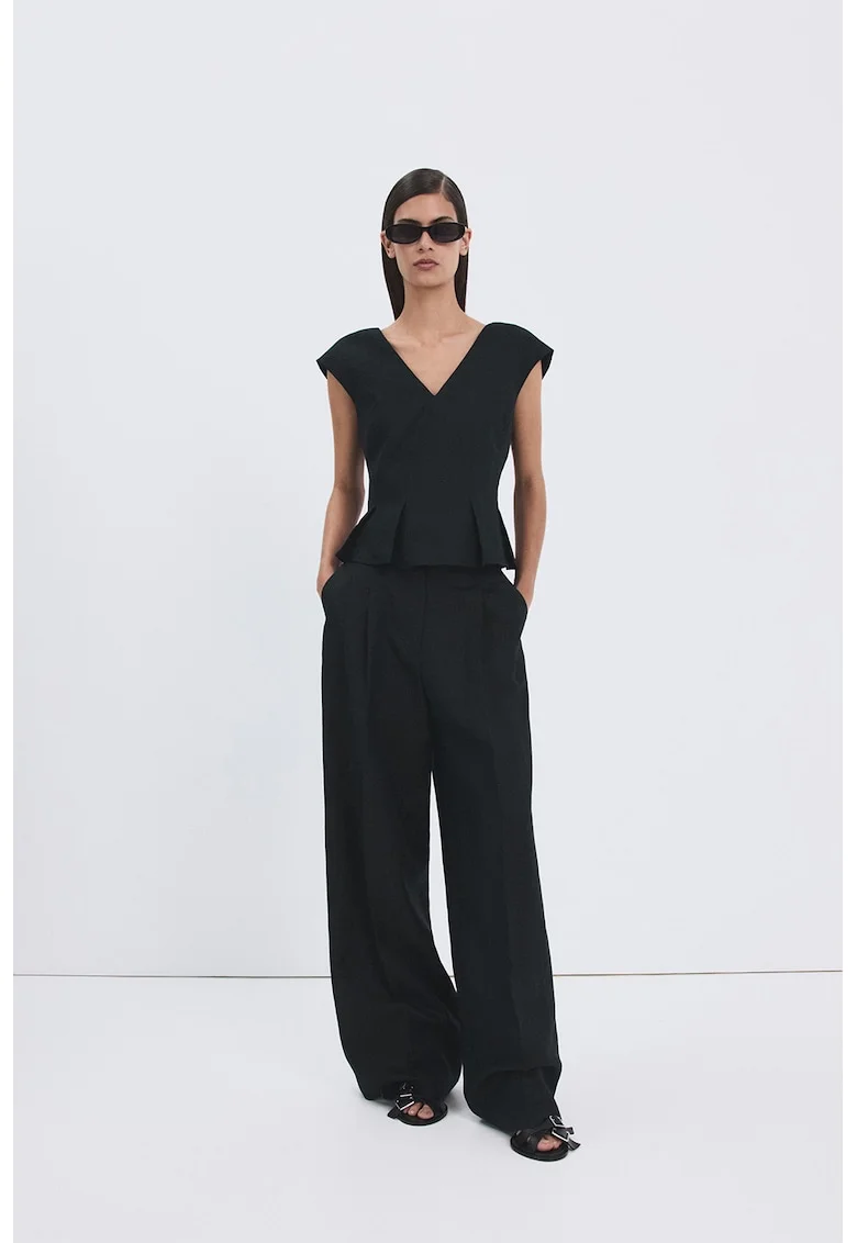 Top din amestec de in cu terminatie peplum, Bleumarin