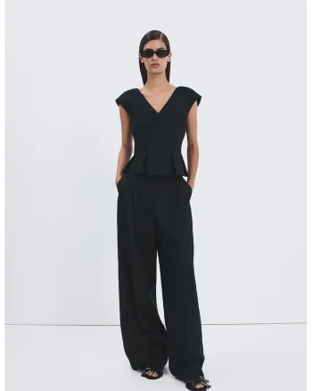 Top din amestec de in cu terminatie peplum, Bleumarin