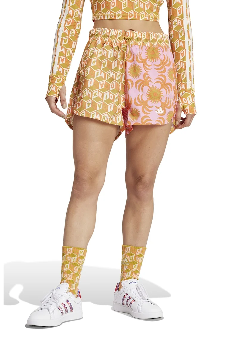 Pantaloni scurti cu talie ajustabila si model, pentru antrenament, Alb/Roz pastel/Galben mustar
