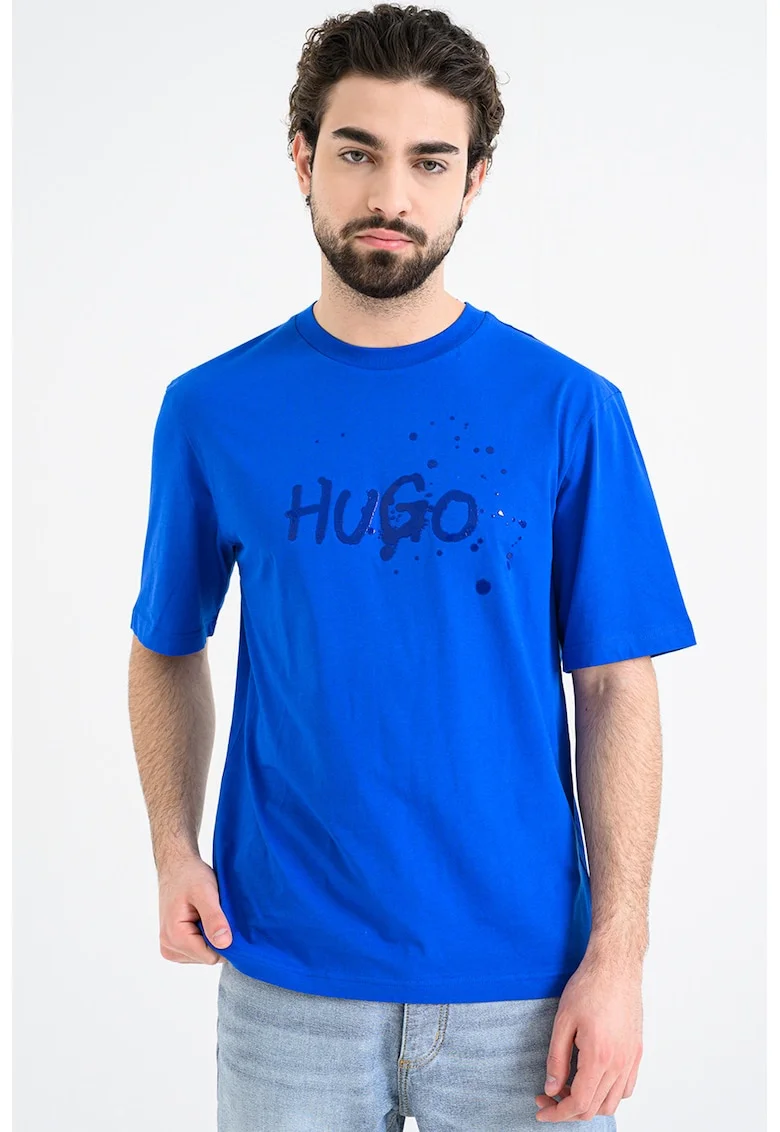 Tricou cu decolteu la baza gatului si imprimeu Noctornix, Albastru inchis/Albastru royal