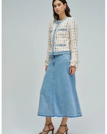 Jacheta din tuid cu detalii din denim, Roz/Bej deschis/Bleumarin