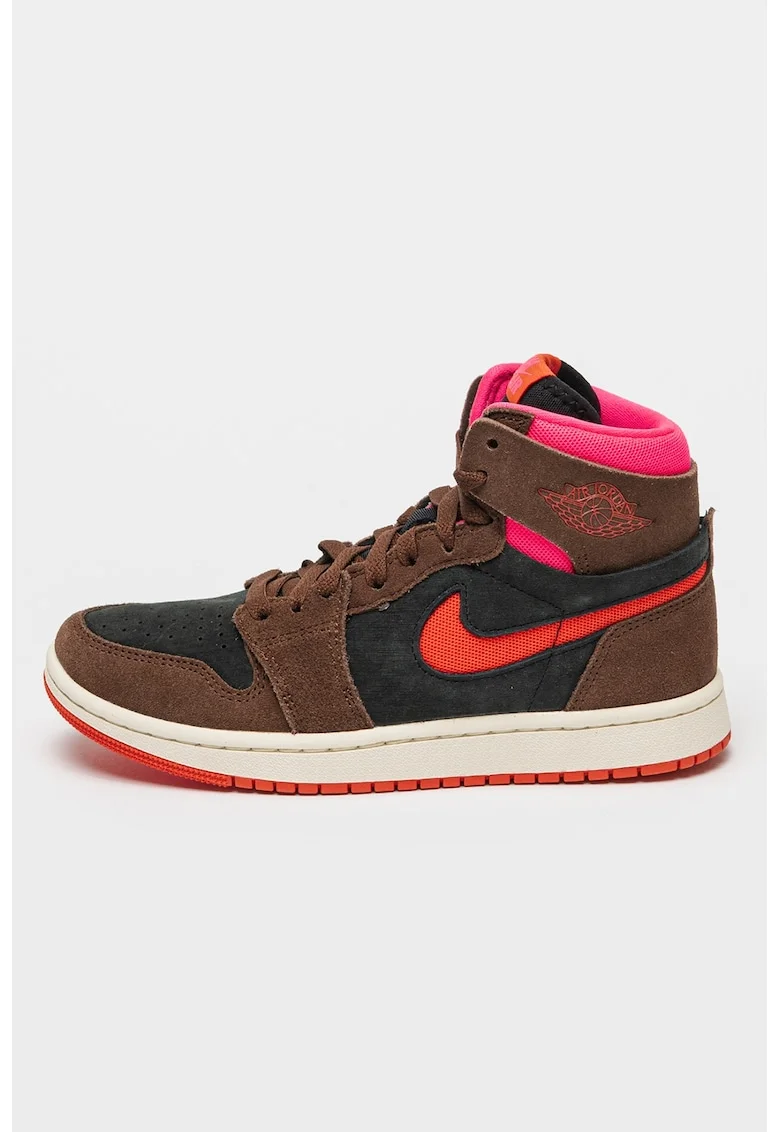 Pantofi mid-cut de piele intoarsa Air Jordan 1 pentru baschet, Maro/Coral/Roz aprins
