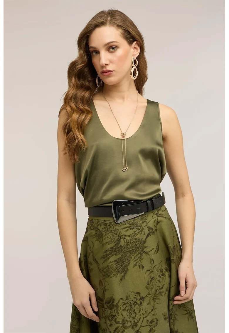 Top de satin cu decolteu adanc, Verde feriga
