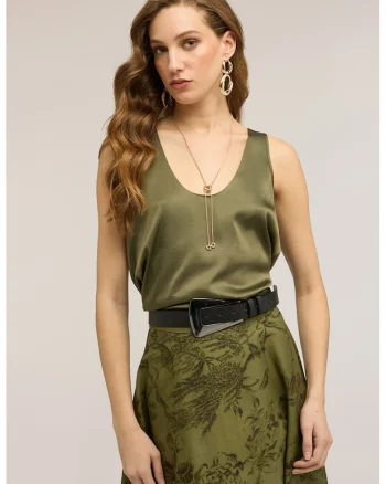 Top de satin cu decolteu adanc, Verde feriga