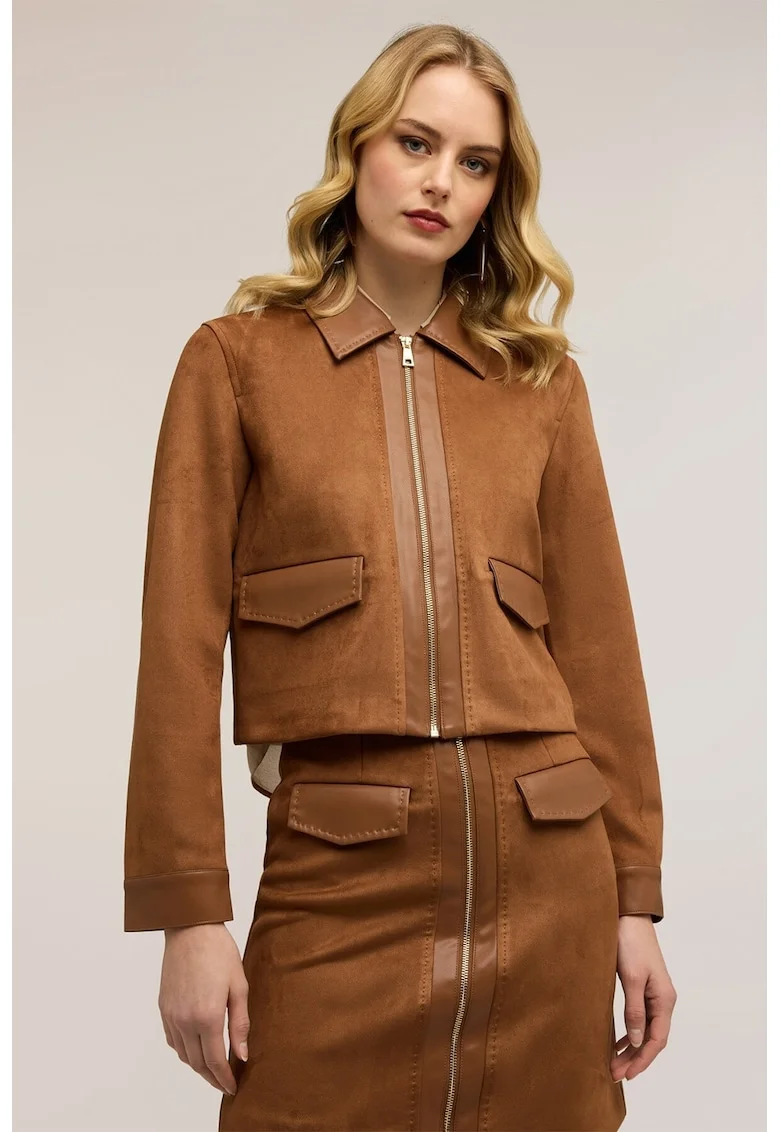Jacheta crop de piele intoarsa sintetica, Caramel