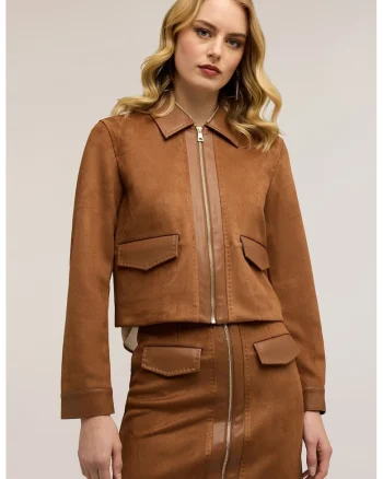 Jacheta crop de piele intoarsa sintetica, Caramel