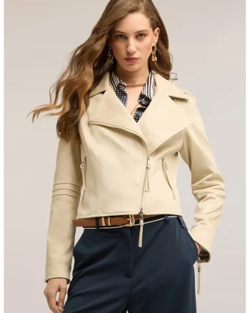 Jacheta biker de piele ecologica, Crem