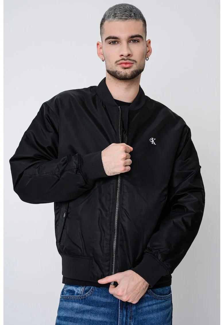 Jacheta bomber rezistenta la apa cu logo, Negru