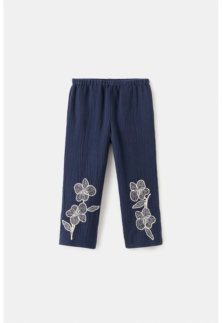 Pantaloni din bumbac cu detalii brodate, Alb fildes/Albastru ultramarin