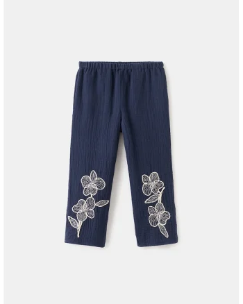 Pantaloni din bumbac cu detalii brodate, Alb fildes/Albastru ultramarin