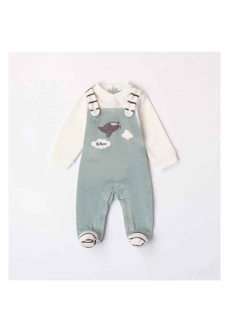 Salopeta plusata cu imprimeu pentru bebe baiat,  4.7174, Verde/Alb, Alb/Verde/Negru/Gri