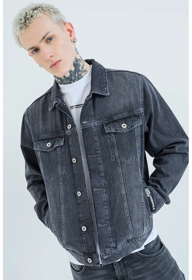 Jacheta de denim cu buzunare pe piept, Gri inchis