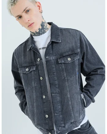 Jacheta de denim cu buzunare pe piept, Gri inchis