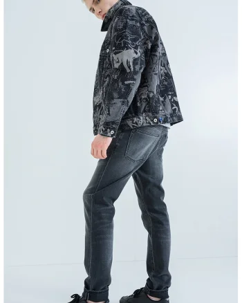 Jacheta de denim cu buzunare pe piept, Negru/Gri inchis