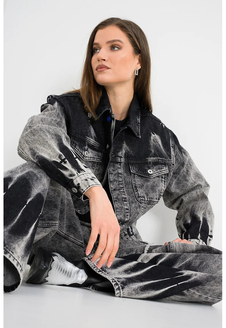 Jacheta de denim cu aspect decolorat, Gri inchis