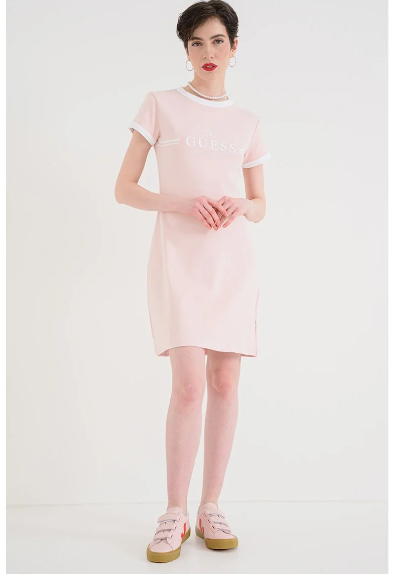 Rochie din amestec de bumbac cu maneci scurte si logo, Alb/Roz pastel