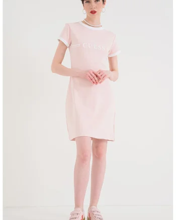 Rochie din amestec de bumbac cu maneci scurte si logo, Alb/Roz pastel