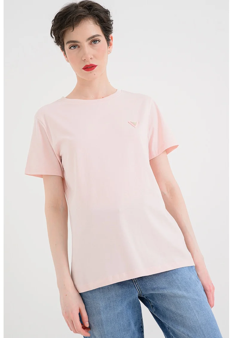 Tricou cu decolteu la baza gatului si aplicatie logo discreta, Roz
