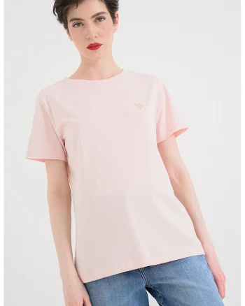Tricou cu decolteu la baza gatului si aplicatie logo discreta, Roz