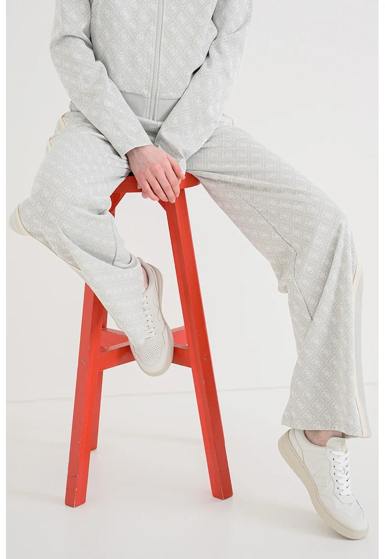 Pantaloni cu talie inalta si model logo, Alb/Grej