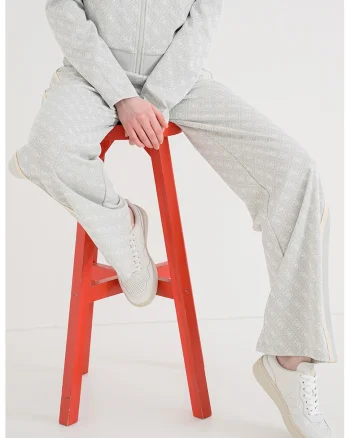 Pantaloni cu talie inalta si model logo, Alb/Grej