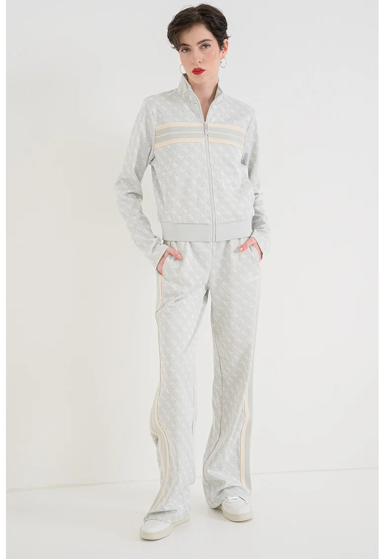 Bluza de trening cu imprimeu logo si fermoar, Alb/Grej