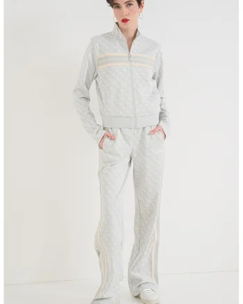 Bluza de trening cu imprimeu logo si fermoar, Alb/Grej