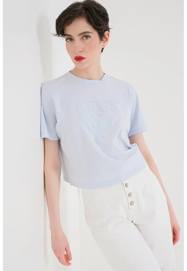 Tricou crop din bumbac cu logo brodat, Albastru deschis