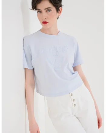 Tricou crop din bumbac cu logo brodat, Albastru deschis