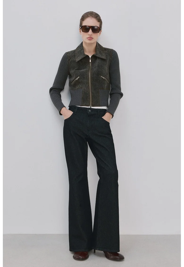 Jacheta crop cu segmente de denim, Gri carbune