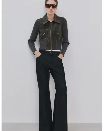 Jacheta crop cu segmente de denim, Gri carbune